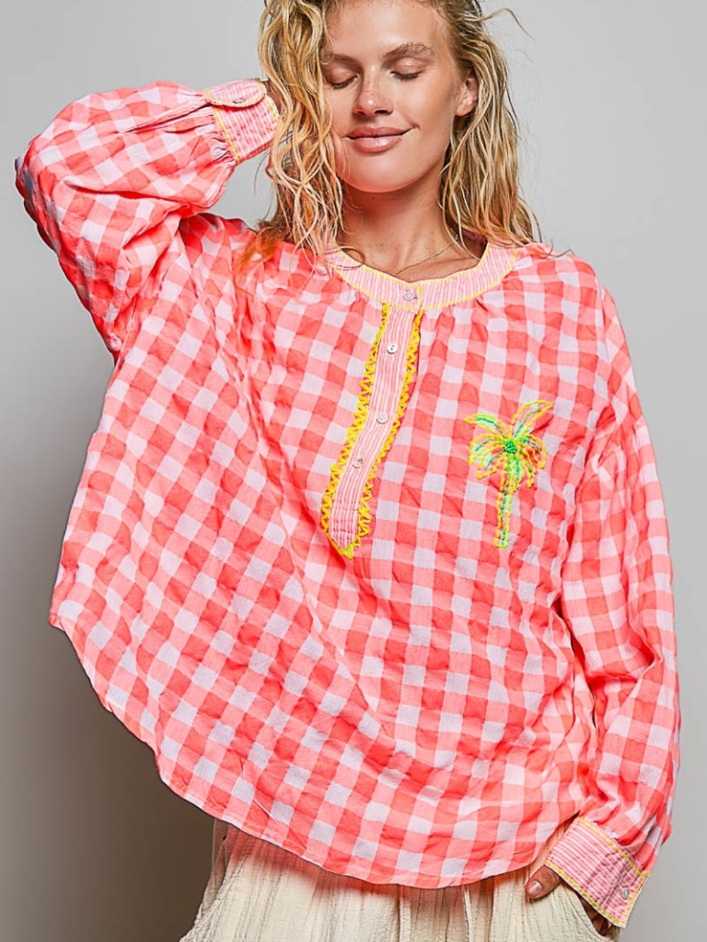 "The Emery" Bright Coral Embroidered Palm Tree Gingham Shirt